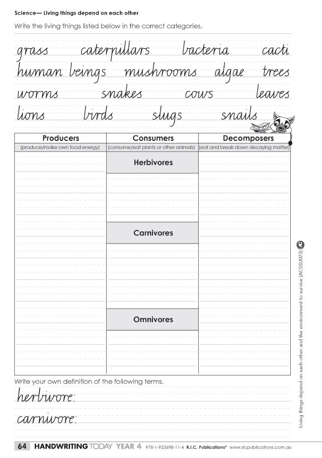 Handwriting Today Year 4 living things depend on each other